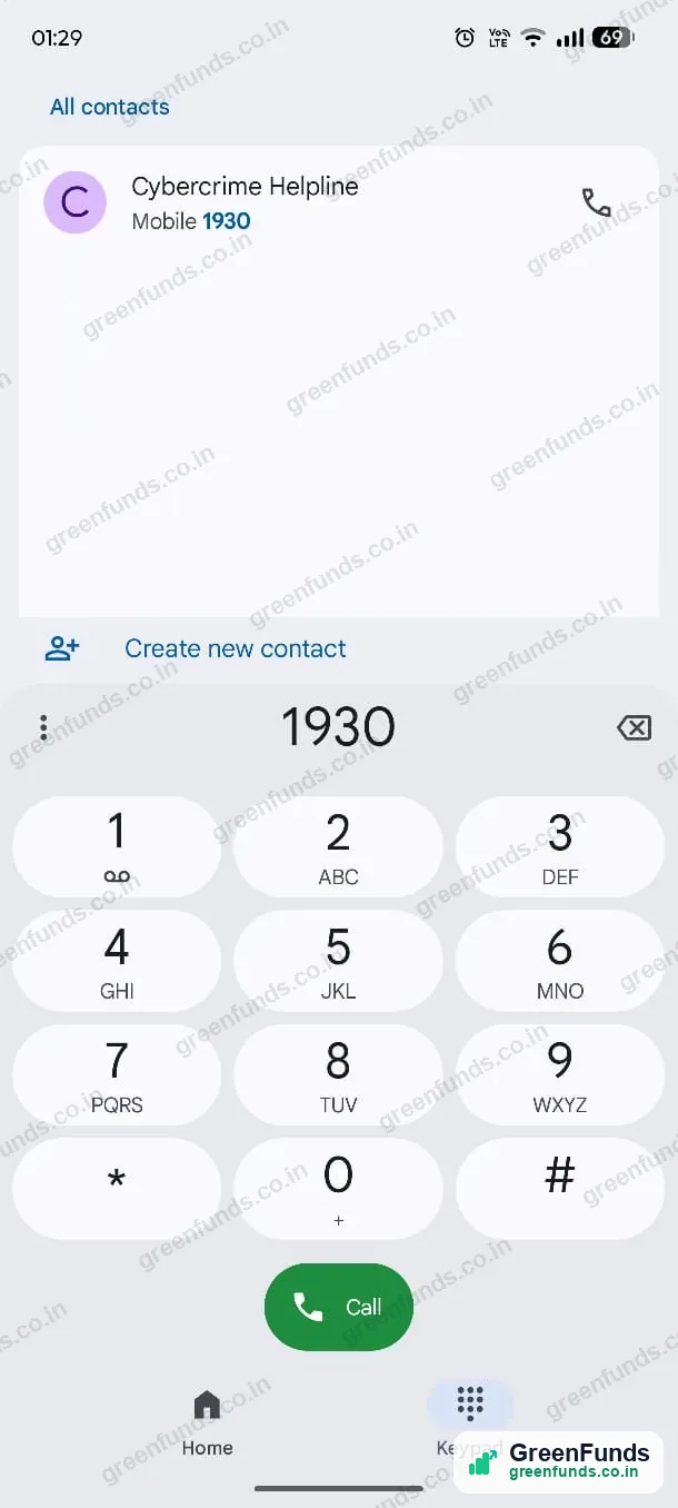 Phone dialer showing the Cybercrime Helpline on 1930.