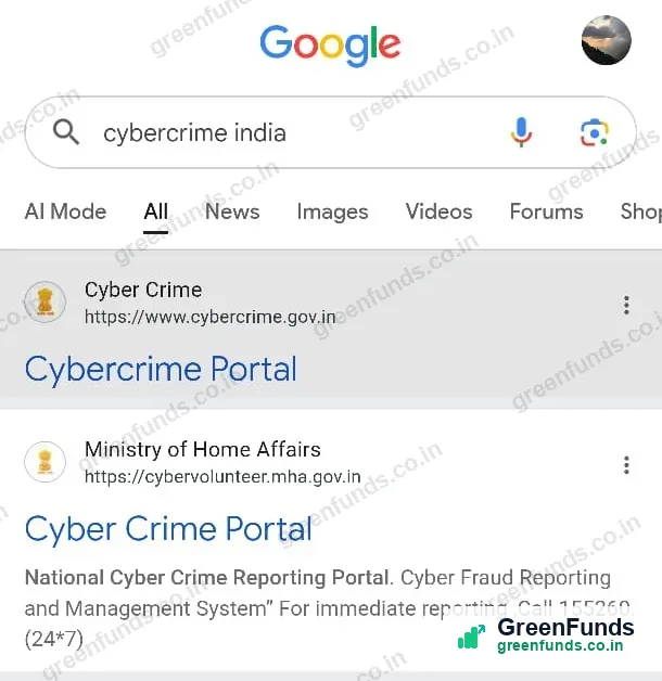 A Google search for cybercrime india showing the official cybercrime.gov.in result.