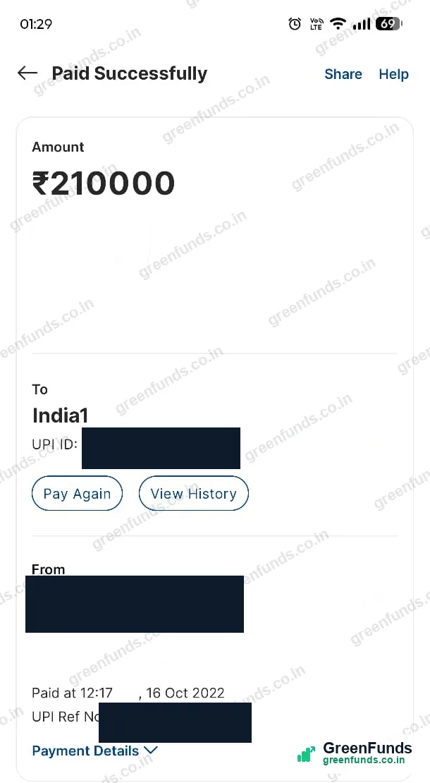 A UPI payment record kept as evidence, with personal details masked.